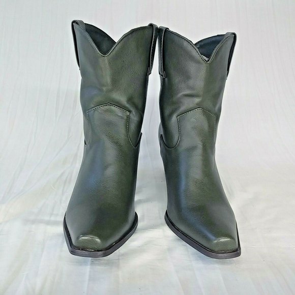 Classic Ladies Western Cowgirl Pull On Block Heel Pointed Toe Boots. Olive Green - Picture 5 of 8
